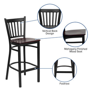 English Elm HERCULES Series Vertical Back Metal Barstool - Durable, Stylish Seating for Restaurants and Homes Mahogany Wood Seat/Black Metal Frame XU-DG-6R6B-VRT-BAR-MAHW-GG