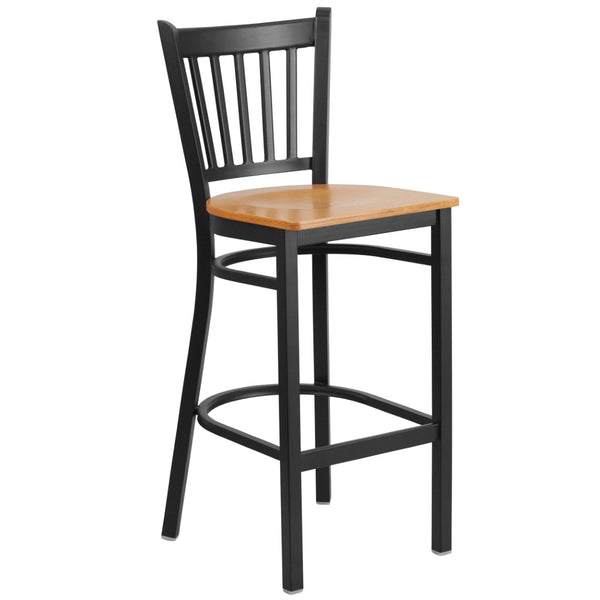 English Elm HERCULES Series Vertical Back Metal Barstool - Durable, Stylish Seating for Restaurants and Homes Natural Wood Seat/Black Metal Frame XU-DG-6R6B-VRT-BAR-NATW-GG