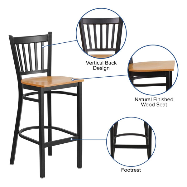 English Elm HERCULES Series Vertical Back Metal Barstool - Durable, Stylish Seating for Restaurants and Homes Natural Wood Seat/Black Metal Frame XU-DG-6R6B-VRT-BAR-NATW-GG