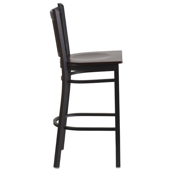 English Elm HERCULES Series Vertical Back Metal Barstool - Durable, Stylish Seating for Restaurants and Homes Walnut Wood Seat/Black Metal Frame XU-DG-6R6B-VRT-BAR-WALW-GG
