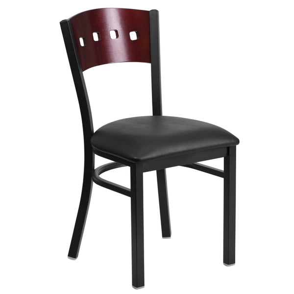English Elm HERCULES Series Black 4 Square Back Metal Restaurant Chair - Stylish, Durable, and Easy to Clean Mahogany Wood Back/Black Vinyl Seat/Black Metal Frame XU-DG-6Y1B-MAH-BLKV-GG