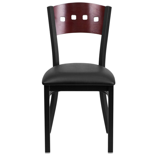 English Elm HERCULES Series Black 4 Square Back Metal Restaurant Chair - Stylish, Durable, and Easy to Clean Mahogany Wood Back/Black Vinyl Seat/Black Metal Frame XU-DG-6Y1B-MAH-BLKV-GG