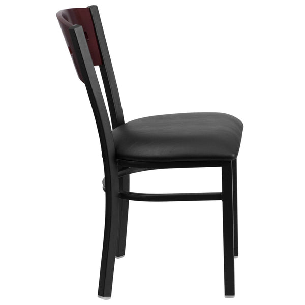 English Elm HERCULES Series Black 4 Square Back Metal Restaurant Chair - Stylish, Durable, and Easy to Clean Mahogany Wood Back/Black Vinyl Seat/Black Metal Frame XU-DG-6Y1B-MAH-BLKV-GG