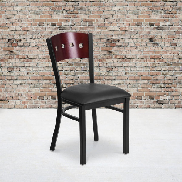 English Elm HERCULES Series Black 4 Square Back Metal Restaurant Chair - Stylish, Durable, and Easy to Clean Mahogany Wood Back/Black Vinyl Seat/Black Metal Frame XU-DG-6Y1B-MAH-BLKV-GG