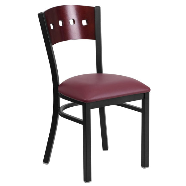 English Elm HERCULES Series Black 4 Square Back Metal Restaurant Chair - Stylish, Durable, and Easy to Clean Mahogany Wood Back/Burgundy Vinyl Seat/Black Metal Frame XU-DG-6Y1B-MAH-BURV-GG