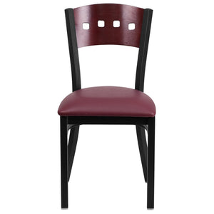 English Elm HERCULES Series Black 4 Square Back Metal Restaurant Chair - Stylish, Durable, and Easy to Clean Mahogany Wood Back/Burgundy Vinyl Seat/Black Metal Frame XU-DG-6Y1B-MAH-BURV-GG
