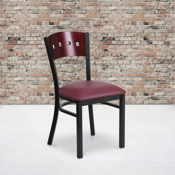 English Elm HERCULES Series Black 4 Square Back Metal Restaurant Chair - Stylish, Durable, and Easy to Clean Mahogany Wood Back/Burgundy Vinyl Seat/Black Metal Frame XU-DG-6Y1B-MAH-BURV-GG