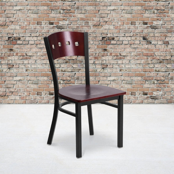 English Elm HERCULES Series Black 4 Square Back Metal Restaurant Chair - Stylish, Durable, and Easy to Clean Mahogany Wood Back/Mahogany Wood Seat/Black Metal Frame XU-DG-6Y1B-MAH-MTL-GG