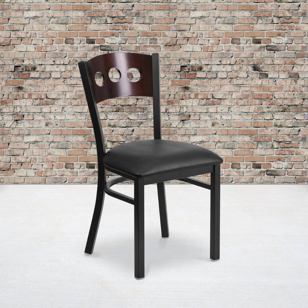 English Elm HERCULES Series Black 3-Circle Back Metal Restaurant Chair, Durable Comfort for Dining & Hospitality Walnut Wood Back/Black Vinyl Seat/Black Metal Frame XU-DG-6Y2B-WAL-BLKV-GG