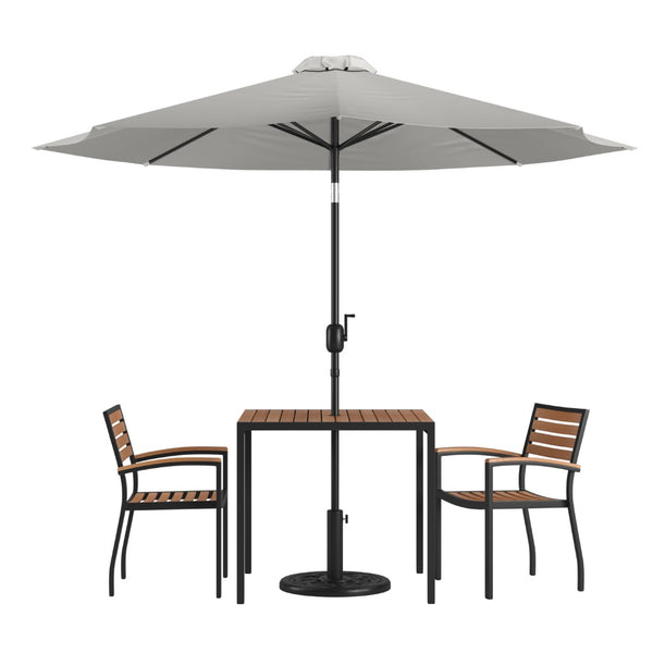 English Elm Lark 5-Piece Outdoor Patio Dining Set with Stackable Chairs, Umbrella & Durable Faux Teak Table Gray 36" Square XU-DG-810060062-UB19BGY-GG