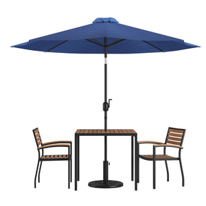 English Elm Lark 5-Piece Outdoor Patio Dining Set with Stackable Chairs, Umbrella & Durable Faux Teak Table Navy 36" Square XU-DG-810060062-UB19BNV-GG