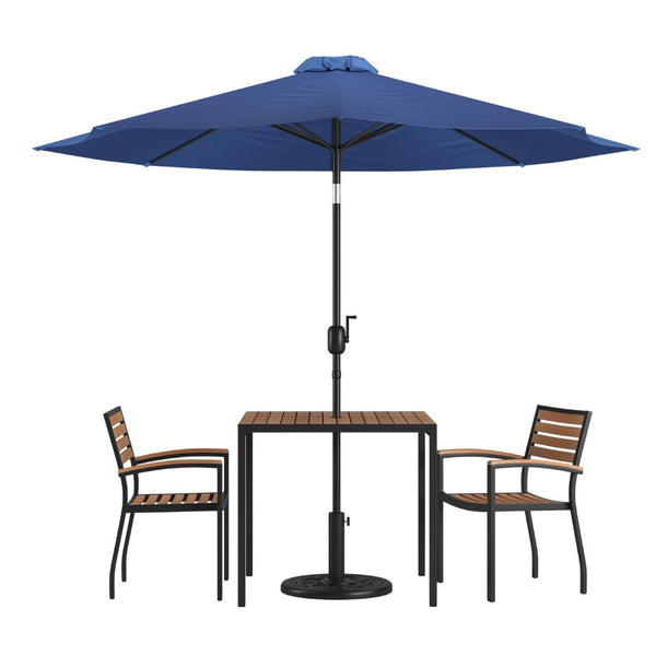 English Elm Lark 5-Piece Outdoor Patio Dining Set with Stackable Chairs, Umbrella & Durable Faux Teak Table Navy 36" Square XU-DG-810060062-UB19BNV-GG