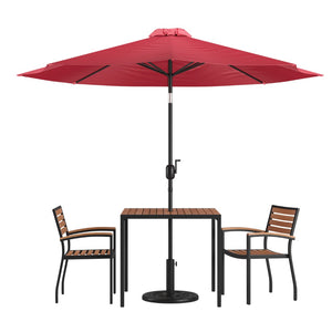 English Elm Lark 5-Piece Outdoor Patio Dining Set with Stackable Chairs, Umbrella & Durable Faux Teak Table Red 36" Square XU-DG-810060062-UB19BRD-GG