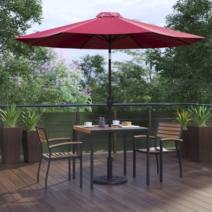 English Elm Lark 5-Piece Outdoor Patio Dining Set with Stackable Chairs, Umbrella & Durable Faux Teak Table Red 36" Square XU-DG-810060062-UB19BRD-GG