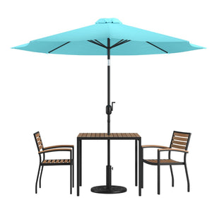 English Elm Lark 5-Piece Outdoor Patio Dining Set with Stackable Chairs, Umbrella & Durable Faux Teak Table Teal 36" Square XU-DG-810060062-UB19BTL-GG