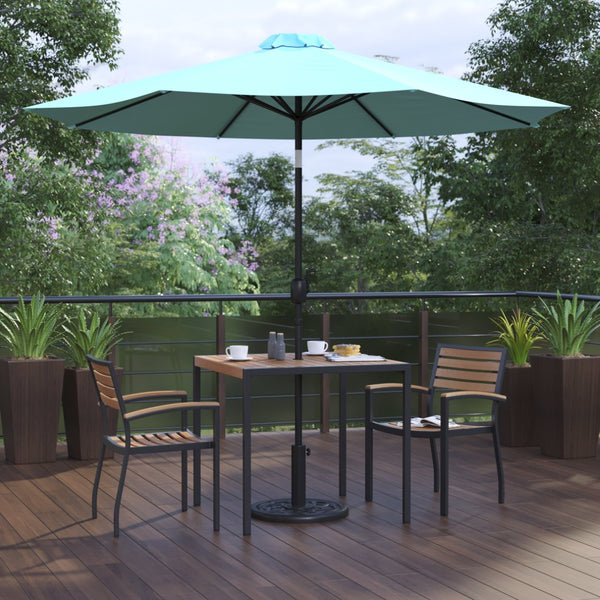 English Elm Lark 5-Piece Outdoor Patio Dining Set with Stackable Chairs, Umbrella & Durable Faux Teak Table Teal 36" Square XU-DG-810060062-UB19BTL-GG