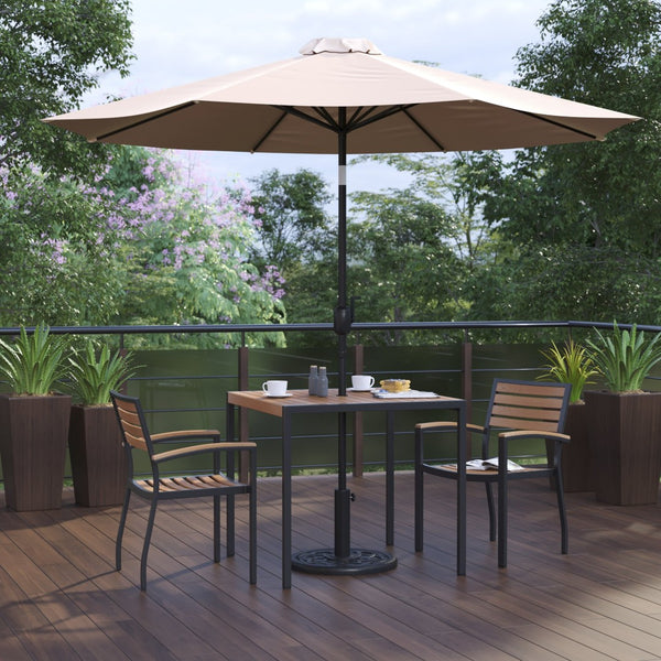 English Elm Lark 5-Piece Outdoor Patio Dining Set with Stackable Chairs, Umbrella & Durable Faux Teak Table Tan 36" Square XU-DG-810060062-UB19BTN-GG