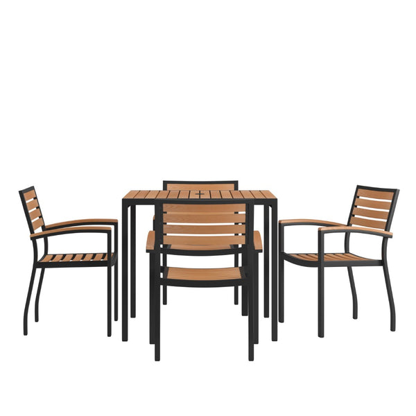 English Elm Lark 5-Piece Outdoor Dining Set - Stylish Synthetic Teak, Durable Steel Frame, Umbrella Ready, Stackable Chairs XU-DG-810060064-GG