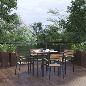 English Elm Lark 5-Piece Outdoor Dining Set - Stylish Synthetic Teak, Durable Steel Frame, Umbrella Ready, Stackable Chairs XU-DG-810060064-GG