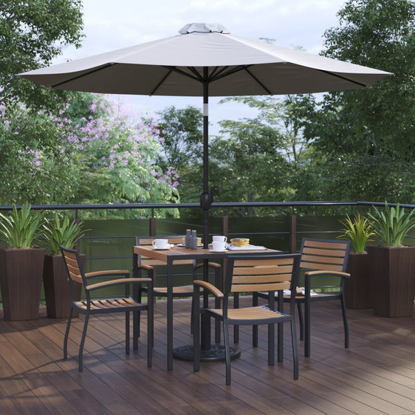 English Elm Lark 7-Piece Outdoor Patio Dining Set with Stylish Faux-Teak Table, Stackable Chairs & Umbrella Gray 36" Square XU-DG-810060064-UB19BGY-GG