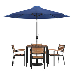 English Elm Lark 7-Piece Outdoor Patio Dining Set with Stylish Faux-Teak Table, Stackable Chairs & Umbrella Navy 36" Square XU-DG-810060064-UB19BNV-GG