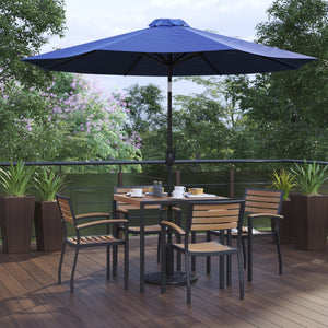 English Elm Lark 7-Piece Outdoor Patio Dining Set with Stylish Faux-Teak Table, Stackable Chairs & Umbrella Navy 36" Square XU-DG-810060064-UB19BNV-GG