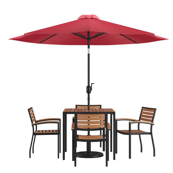 English Elm Lark 7-Piece Outdoor Patio Dining Set with Stylish Faux-Teak Table, Stackable Chairs & Umbrella Red 36" Square XU-DG-810060064-UB19BRD-GG