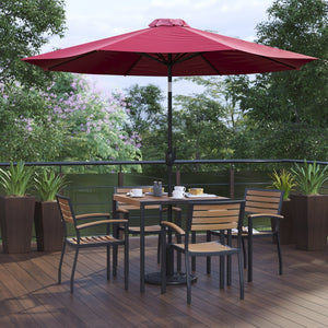 English Elm Lark 7-Piece Outdoor Patio Dining Set with Stylish Faux-Teak Table, Stackable Chairs & Umbrella Red 36" Square XU-DG-810060064-UB19BRD-GG