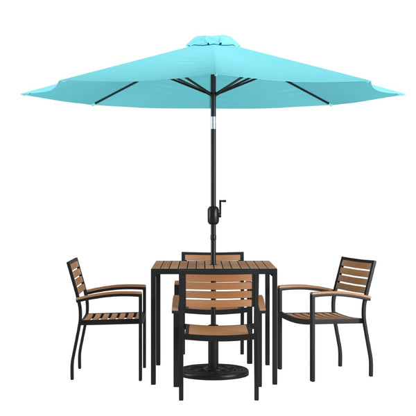 English Elm Lark 7-Piece Outdoor Patio Dining Set with Stylish Faux-Teak Table, Stackable Chairs & Umbrella Teal 36" Square XU-DG-810060064-UB19BTL-GG