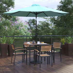 English Elm Lark 7-Piece Outdoor Patio Dining Set with Stylish Faux-Teak Table, Stackable Chairs & Umbrella Teal 36" Square XU-DG-810060064-UB19BTL-GG