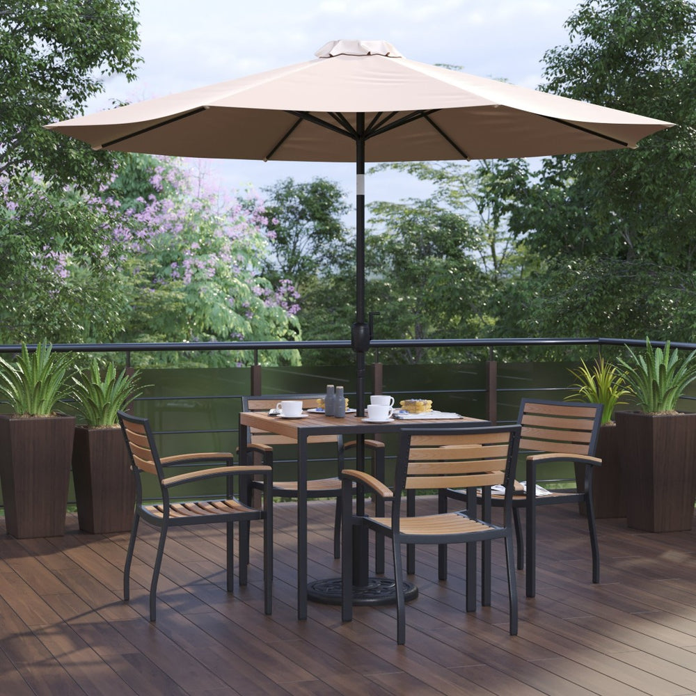English Elm Lark 7-Piece Outdoor Patio Dining Set with Stylish Faux-Teak Table, Stackable Chairs & Umbrella Tan 36" Square XU-DG-810060064-UB19BTN-GG