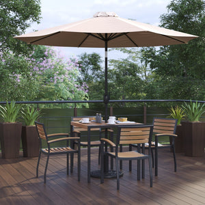English Elm Lark 7-Piece Outdoor Patio Dining Set with Stylish Faux-Teak Table, Stackable Chairs & Umbrella Tan 36" Square XU-DG-810060064-UB19BTN-GG
