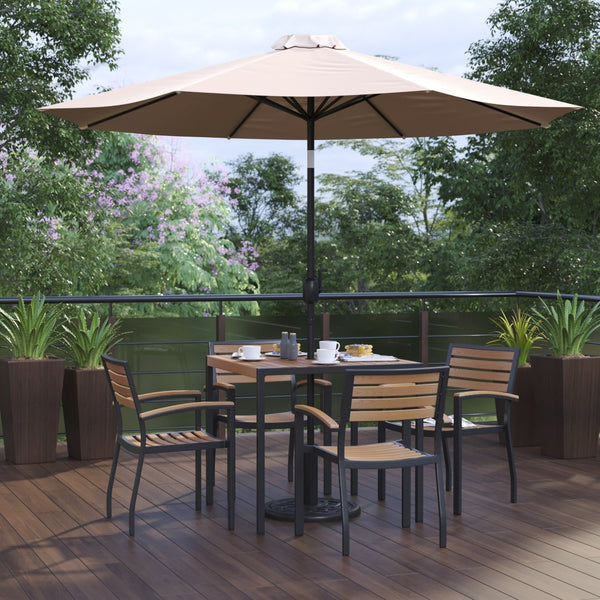 English Elm Lark 7-Piece Outdoor Patio Dining Set with Stylish Faux-Teak Table, Stackable Chairs & Umbrella Tan 36" Square XU-DG-810060064-UB19BTN-GG