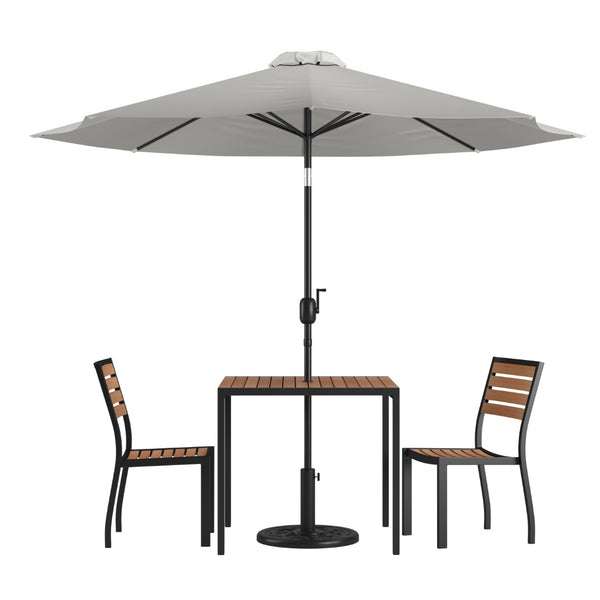 English Elm Lark 5-Piece All-Weather Patio Set with Stacking Chairs, Square Table & Large Umbrella for Shade Gray 36" Square XU-DG-810060362-UB19BGY-GG