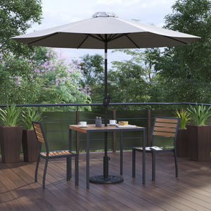 English Elm Lark 5-Piece All-Weather Patio Set with Stacking Chairs, Square Table & Large Umbrella for Shade Gray 36" Square XU-DG-810060362-UB19BGY-GG