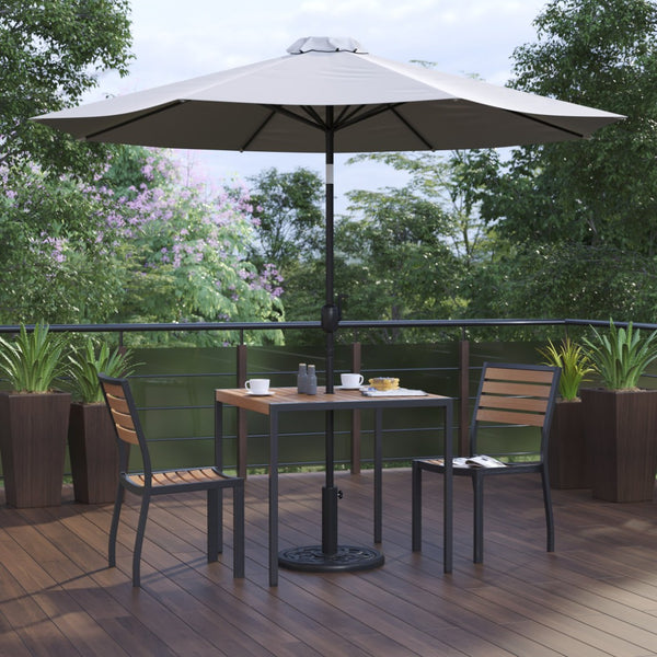 English Elm Lark 5-Piece All-Weather Patio Set with Stacking Chairs, Square Table & Large Umbrella for Shade Gray 36" Square XU-DG-810060362-UB19BGY-GG