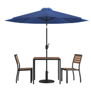 English Elm Lark 5-Piece All-Weather Patio Set with Stacking Chairs, Square Table & Large Umbrella for Shade Navy 36" Square XU-DG-810060362-UB19BNV-GG