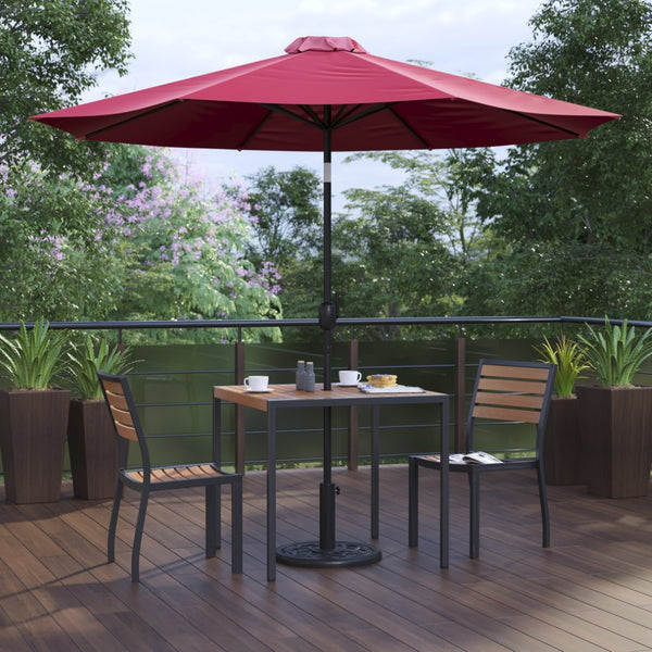 English Elm Lark 5-Piece All-Weather Patio Set with Stacking Chairs, Square Table & Large Umbrella for Shade Red 36" Square XU-DG-810060362-UB19BRD-GG