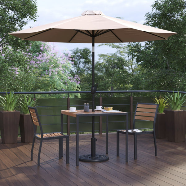 English Elm Lark 5-Piece All-Weather Patio Set with Stacking Chairs, Square Table & Large Umbrella for Shade Tan 36" Square XU-DG-810060362-UB19BTN-GG