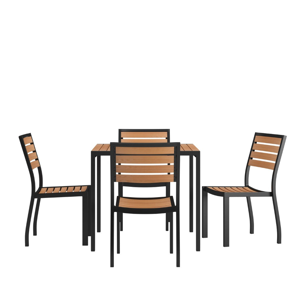 English Elm Lark 5-Piece Patio Dining Set - Stylish Synthetic Teak Table & Stackable All-Weather Chairs XU-DG-810060364-GG
