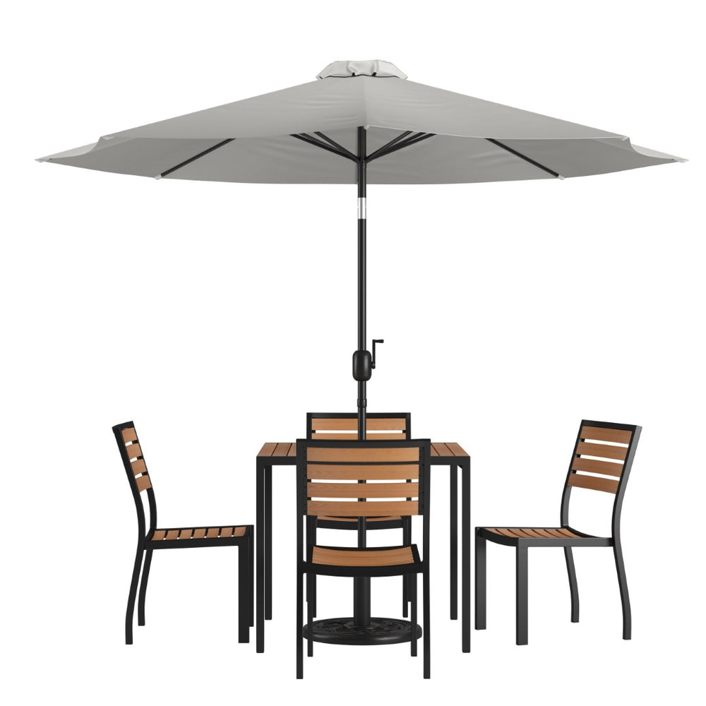 English Elm Lark 7-Piece Outdoor Dining Set with Faux Teak Table, Stacking Chairs, and Stylish Vented Umbrella Gray 36" Square XU-DG-810060364-UB19BGY-GG
