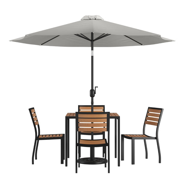 English Elm Lark 7-Piece Outdoor Dining Set with Faux Teak Table, Stacking Chairs, and Stylish Vented Umbrella Gray 36" Square XU-DG-810060364-UB19BGY-GG