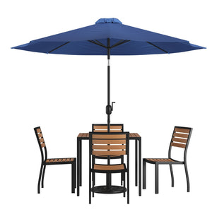 English Elm Lark 7-Piece Outdoor Dining Set with Faux Teak Table, Stacking Chairs, and Stylish Vented Umbrella Navy 36" Square XU-DG-810060364-UB19BNV-GG