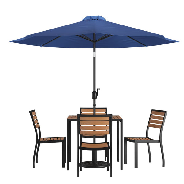 English Elm Lark 7-Piece Outdoor Dining Set with Faux Teak Table, Stacking Chairs, and Stylish Vented Umbrella Navy 36" Square XU-DG-810060364-UB19BNV-GG