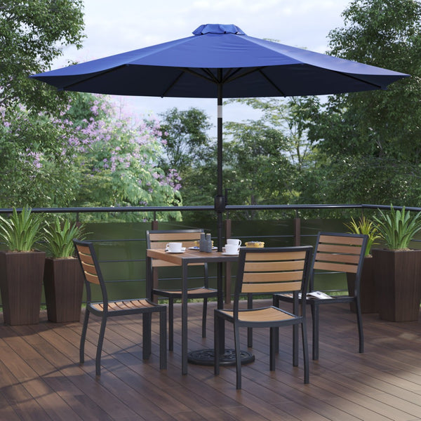English Elm Lark 7-Piece Outdoor Dining Set with Faux Teak Table, Stacking Chairs, and Stylish Vented Umbrella Navy 36" Square XU-DG-810060364-UB19BNV-GG