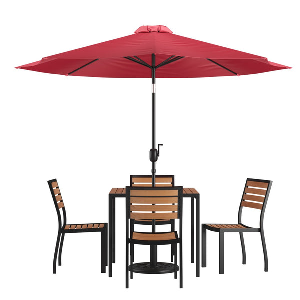 English Elm Lark 7-Piece Outdoor Dining Set with Faux Teak Table, Stacking Chairs, and Stylish Vented Umbrella Red 36" Square XU-DG-810060364-UB19BRD-GG