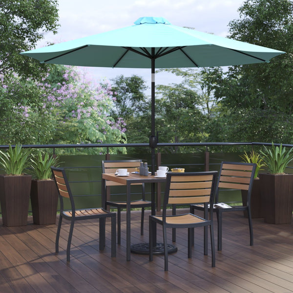 English Elm Lark 7-Piece Outdoor Dining Set with Faux Teak Table, Stacking Chairs, and Stylish Vented Umbrella Teal 36" Square XU-DG-810060364-UB19BTL-GG