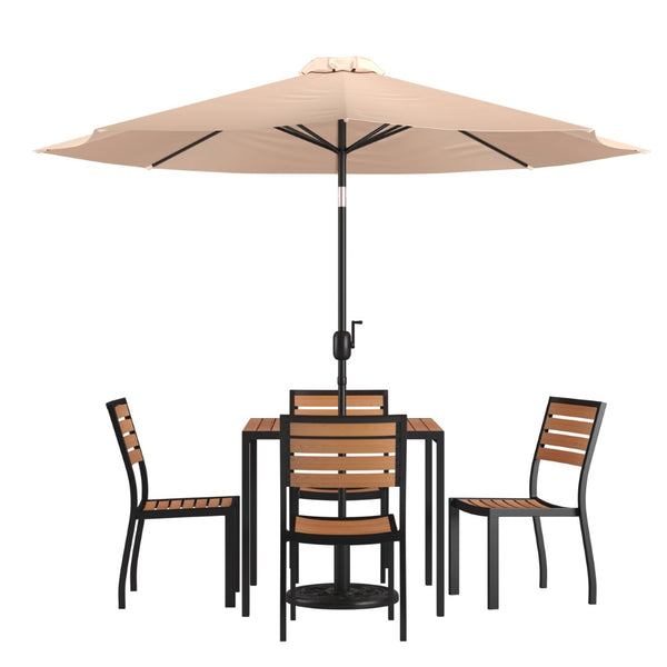 English Elm Lark 7-Piece Outdoor Dining Set with Faux Teak Table, Stacking Chairs, and Stylish Vented Umbrella Tan 36" Square XU-DG-810060364-UB19BTN-GG
