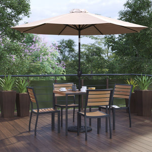 English Elm Lark 7-Piece Outdoor Dining Set with Faux Teak Table, Stacking Chairs, and Stylish Vented Umbrella Tan 36" Square XU-DG-810060364-UB19BTN-GG