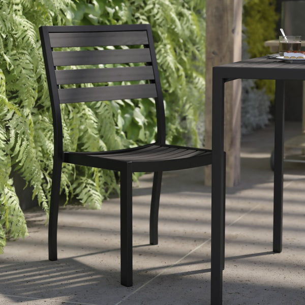 English Elm Lark Outdoor Stackable Side Chair - Durable Aluminum Frame with Faux Wood Slats for All-Weather Use Gray Wash Teak XU-DG-HW6036-GY-GG